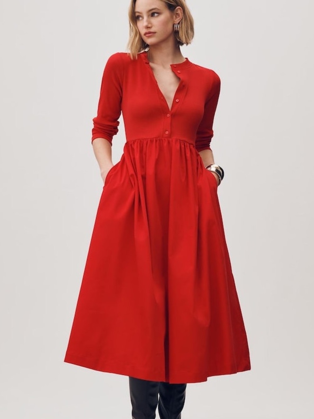 MAEVE | Anthropologie Red Long-Sleeve Twofer Cardigan Midi Dress | M
